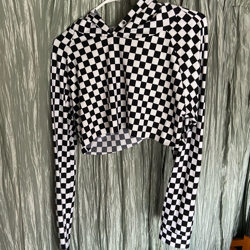 black and white checkerboard cropped hoodie